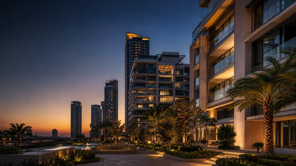Contemporary UAE residential towers and landscaped mixed-use property at dusk